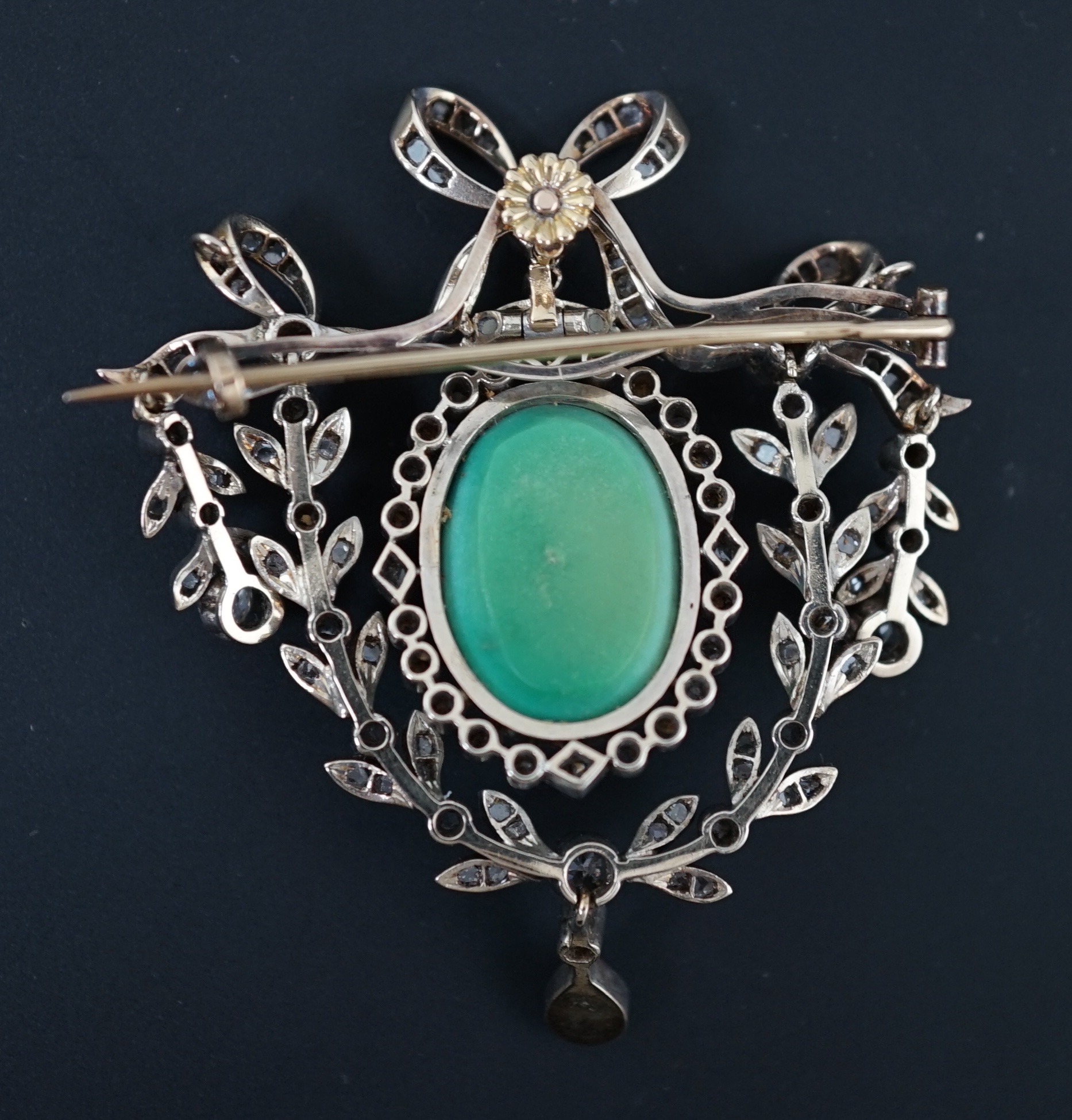 An Edwardian gold and silver, diamond and turquoise set drop pendant brooch